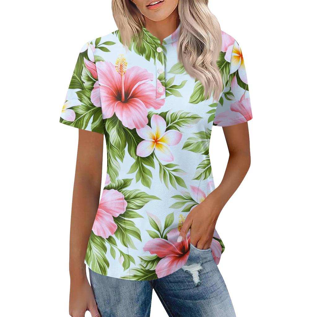 Women’s Casual Polo Neck Loose Fit Short Sleeve Top with Abstract Print and Button for Everyday Wear