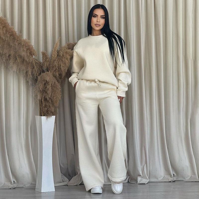 2024 podzim a zima nové jednobarevné kulatý výstřih s dlouhým rukávem volné dámské oblečení módní ležérní sada širokých kalhot