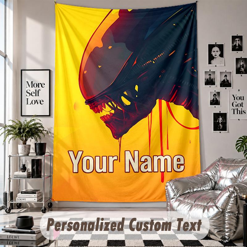 Custom Tapestry Wall Hanging, Alien Xenomorph Personalized Name Text Home Wall Decor