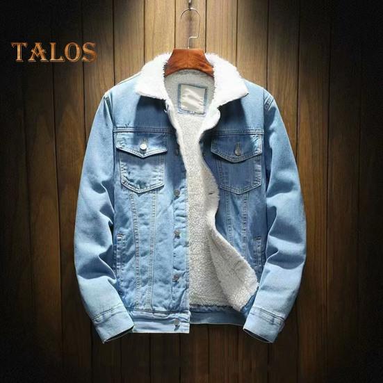 Men Jacket Lapel Long Sleeve Denim Fabric Coat with Flap Pockets Thickened Velvet Lining Warm Button Closure Denim Outerwear