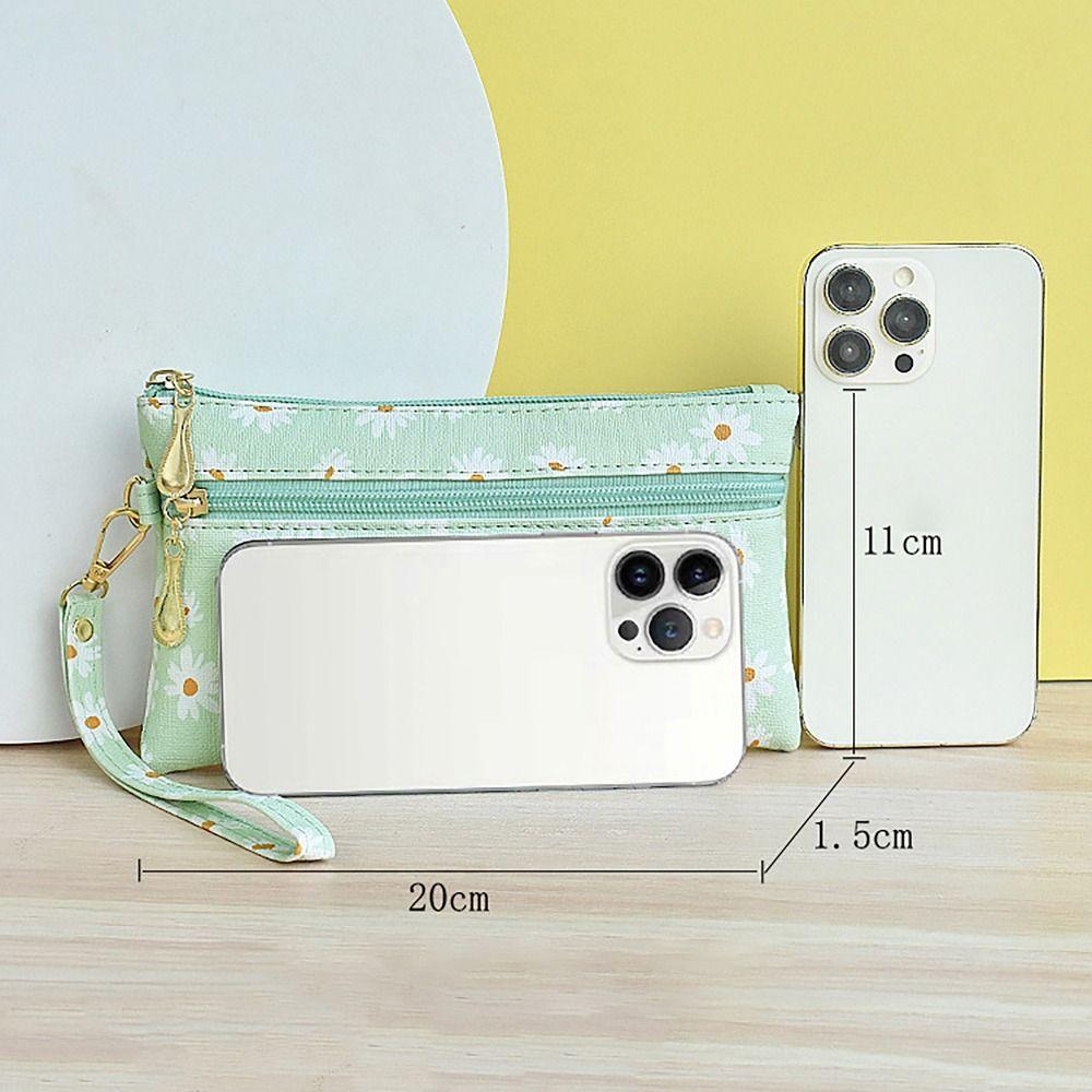 PU Leather Money Coin Purse Wear-resistant with wrist strap Credit Card Holoder Daisy Printed Zipper Phone Bag for Women Maiden