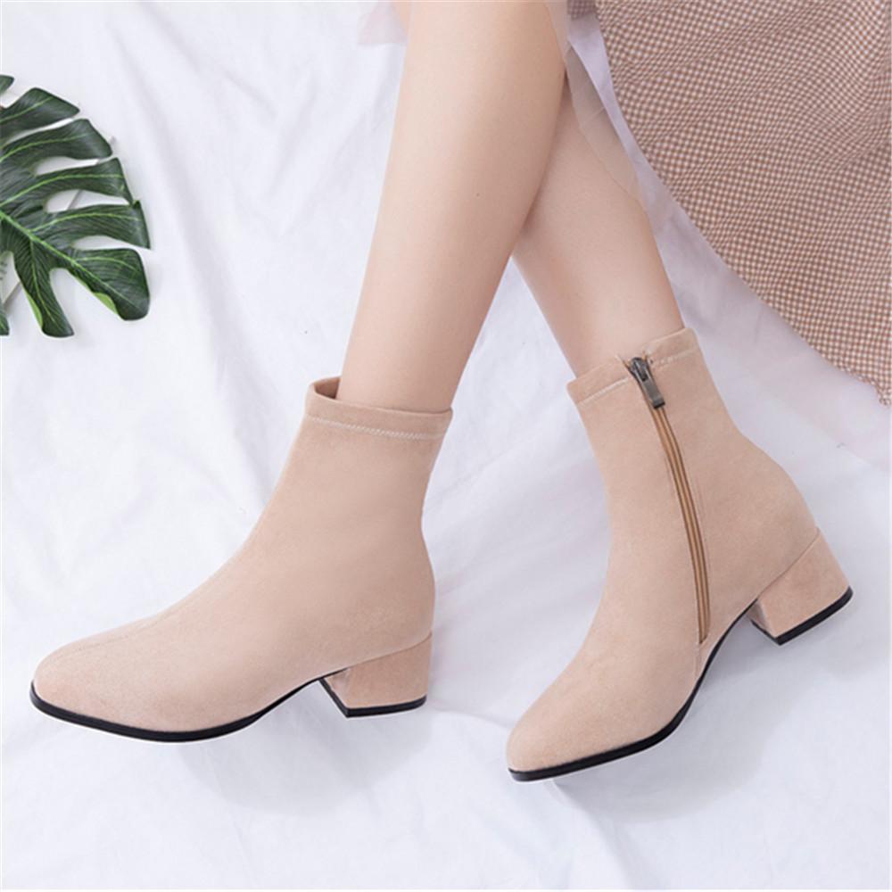 Woman Ankle Boots Autumn Winter Round Toe Low Heel Flock Black Comfortable Booties Lady Shoes Big Size 31 32 33 40 41 42 43