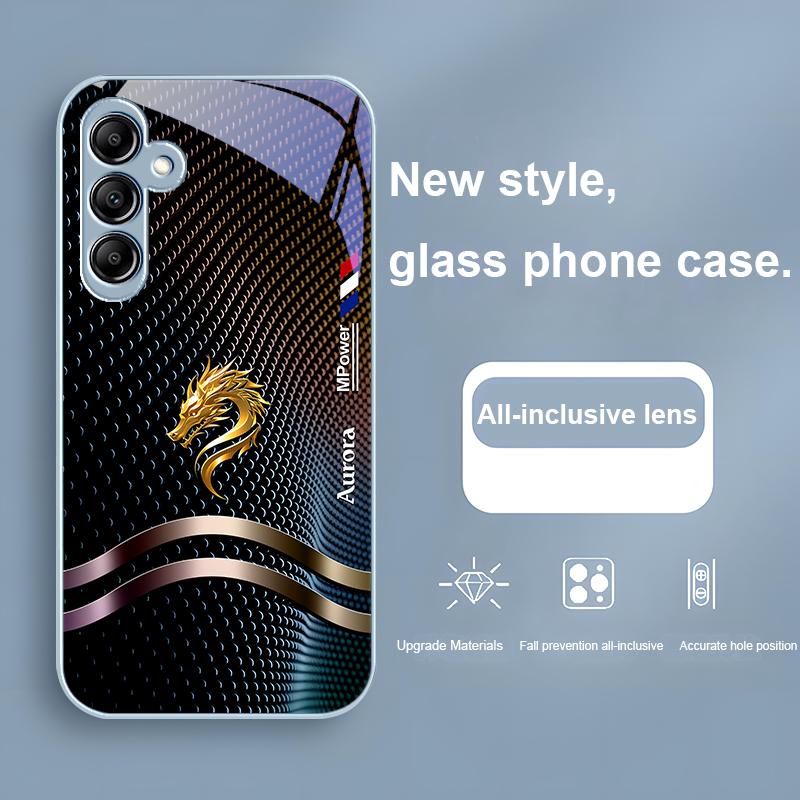 Glass Phone Case For Samsung Galaxy A01 A02 03 Core A04 A14 4G A13 A54 34 31 20 25 23 22 5G S21 Ultra S20 Blue Golden Dragon