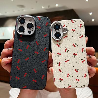 Cute Red Cherry Printed Shockproof Phone Case For iPhone 16 15 14 Pro Max 14 Plus 13 12 Pro 11 Leather Texture TPU Soft Cover