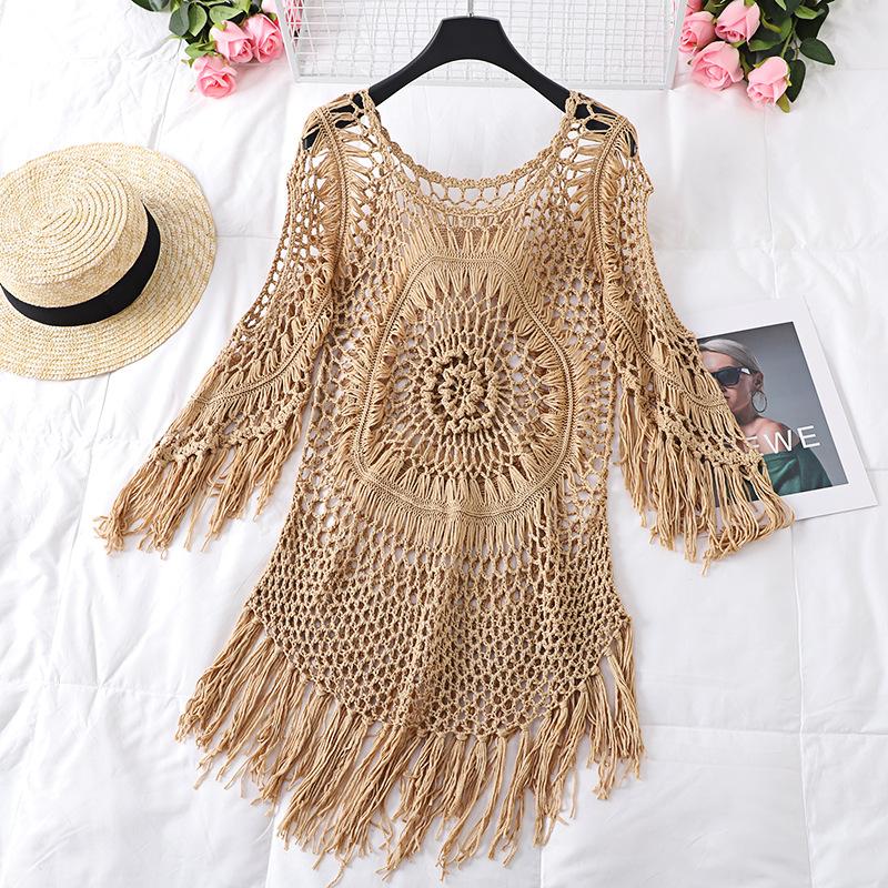 

Женское пляжное платье, праздничная рубашка от солнца, вязаная крючком, полая накидка на крючки, купальник, платье с кисточками One Size абрикосовый
