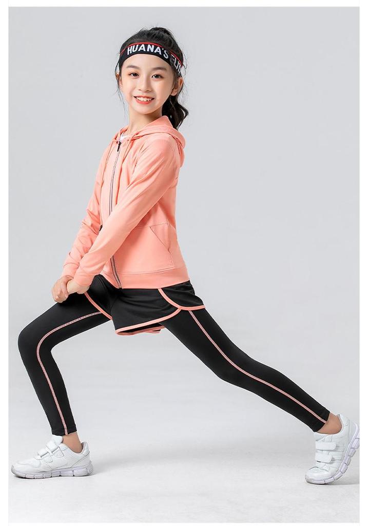 Kids' Quick-Dry Long Sleeve Hooded Yoga Set for Girls - Medium & Large Sizes, Autumn/Winter