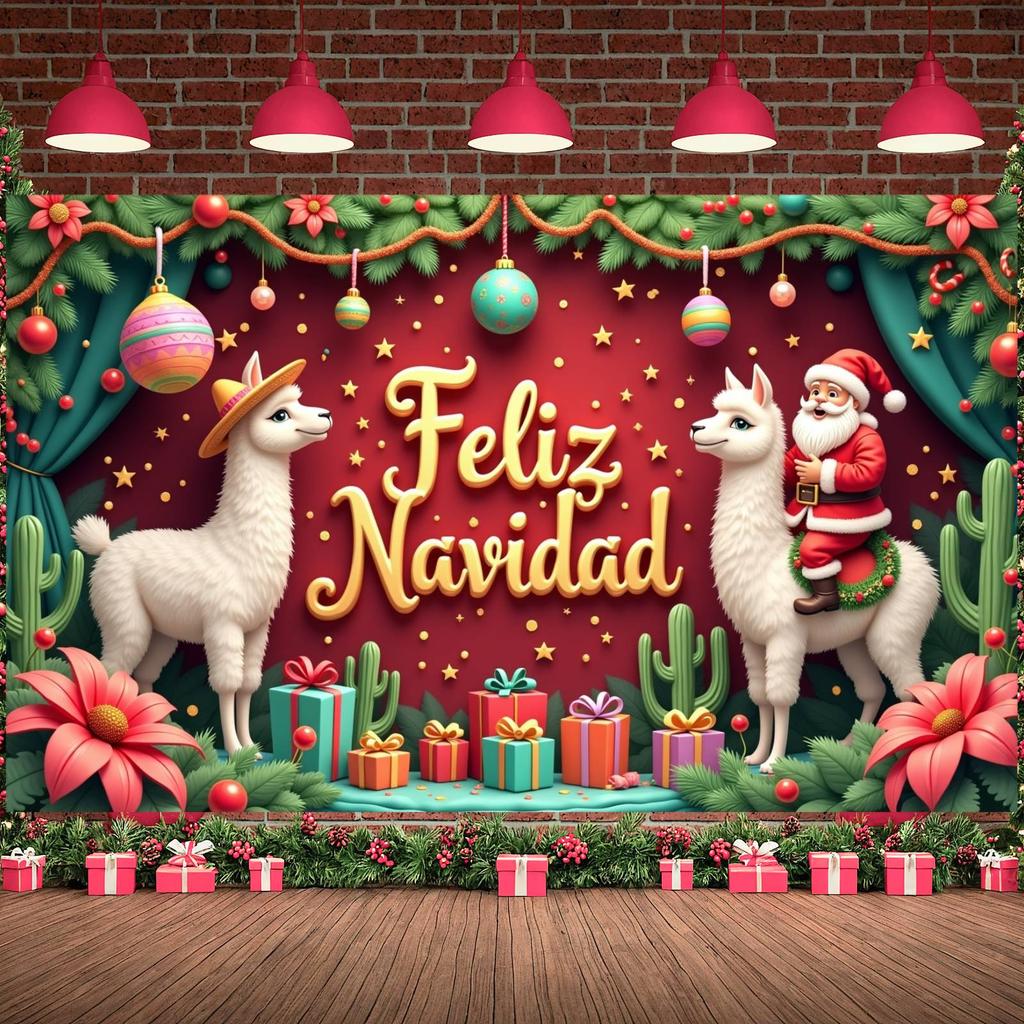 Christmas Banner Colorful Ornaments Navidad Backdrop Santa Claus Background Green Curtains Holiday Display For Christmas Holiday