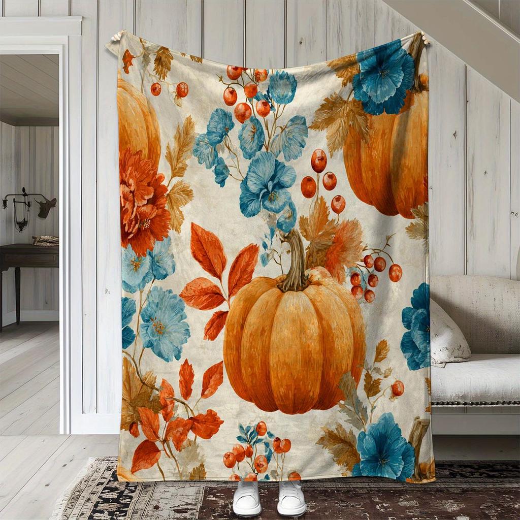 1pc Sdoo Flannel Blanket - Autumn Floral Pumpkin Leaves Print Throw in Orange/Blue/Red/Beige/ - Soft Cozy All-Season Blanket for