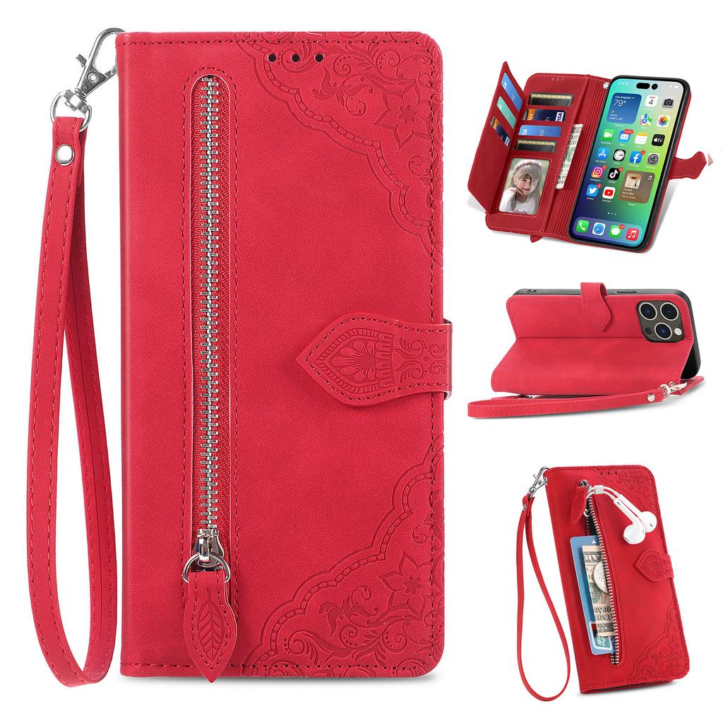Zipper Wallet Flip Leather Phone Case for IPhone 17 Air 16 15 Samsung S25 S24, with Card Holder Wrist Strap Stand Embossed Shockproof Cover