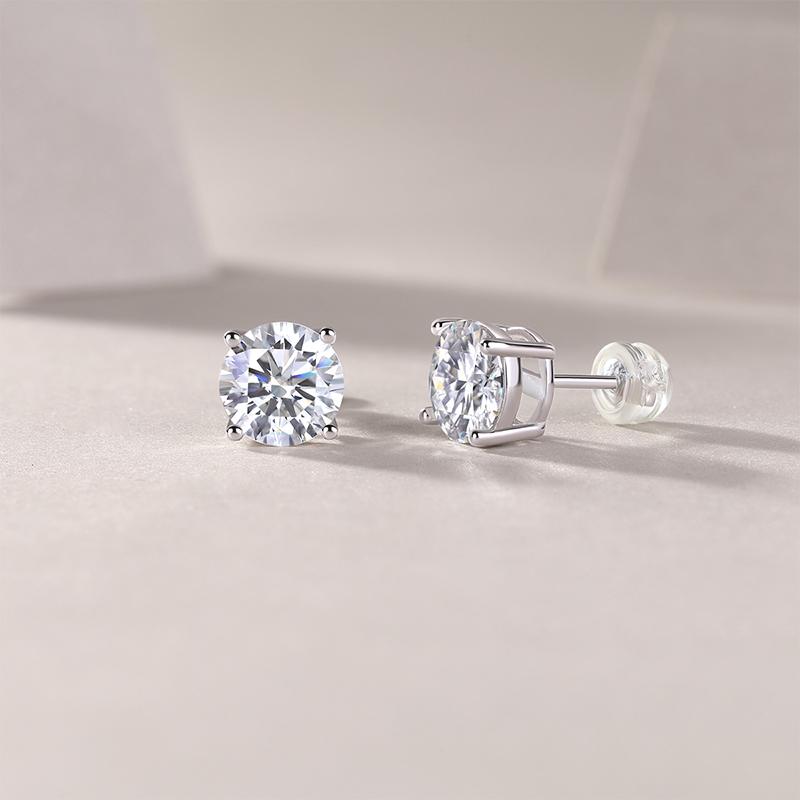 Rhodium Plated S925 Sterling Silver Round Cut 2CT Womens Moissanite Diamond Solitaire Stud Earring