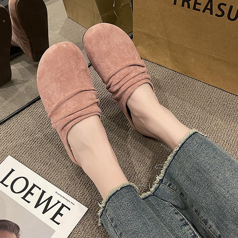 Fashion Aphixta Pleated Candy Color Flat Outside Woman Slippers Round Toe Low Heel Suede Slip On Half Slide Spring Summer Woman Shoes