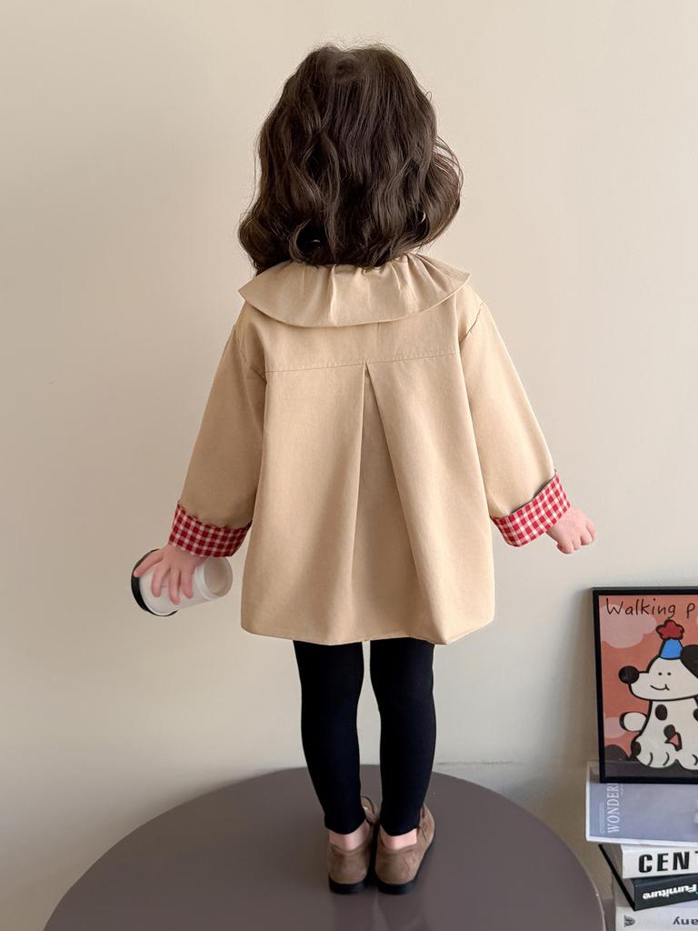 Mädchen karierter mittellanger Trenchcoat mit Peter-Pan-Kragen - 2025 Frühling & Herbst Mode Oberbekleidung