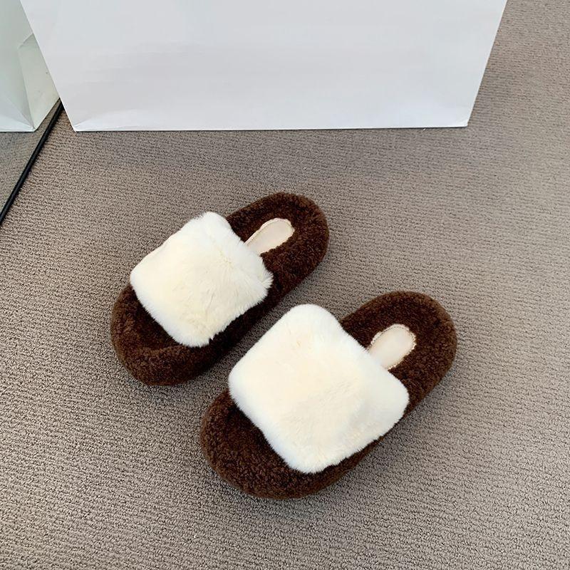 High-value and thin plush one-word cotton slippers autumn and winter new fashion outer wear fluffy slippers women