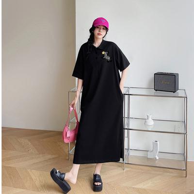Printed Lapel Short-sleeved Pocket T-shirt Dress for Women's Summer, A Laid-back Korean Style, Loose Texture, Slimming Straight Long Dress
