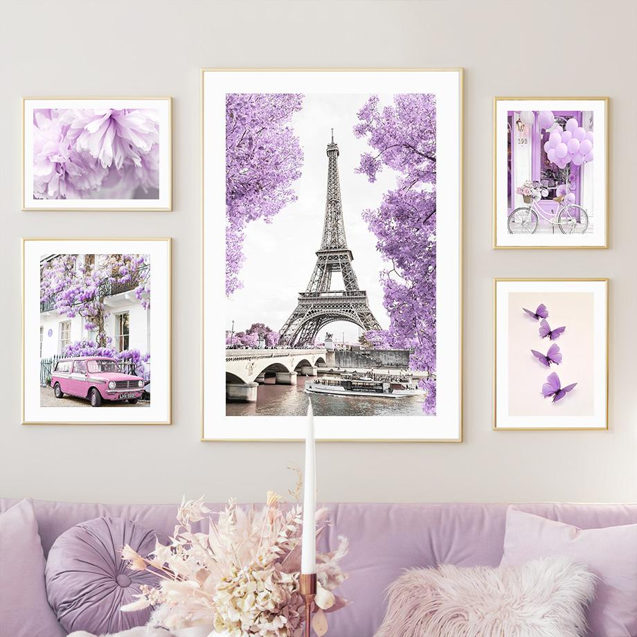 Wall Art Canvas Painting Dreamy Purple Paris City Towel Vintage Car Flower Living Room Decoration Posters Prints Wall Pictures
