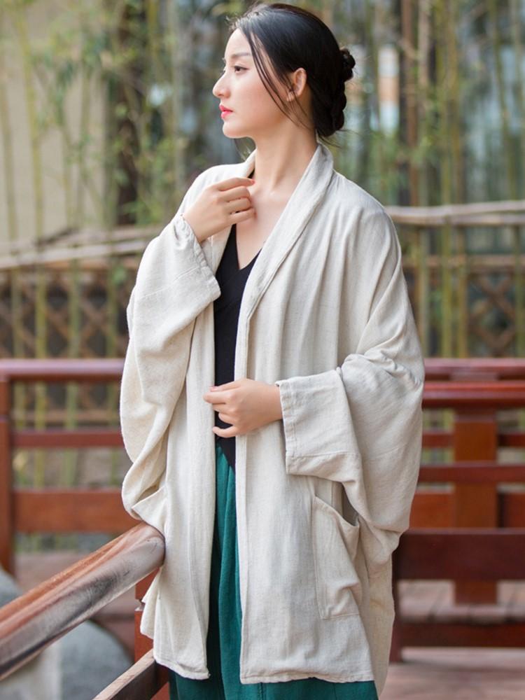 Johnature Women Vintage Solid Color Shirts Tops Long Sleeve Linen Spring Blouses Bat Sleeve Shirts