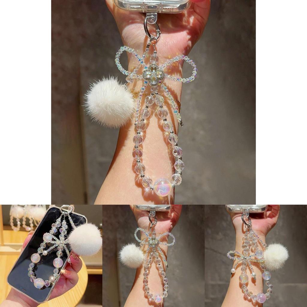 Bow Round Ball Plush Phone Chain With Keychain Attachment For Ladies Fashion Accessory