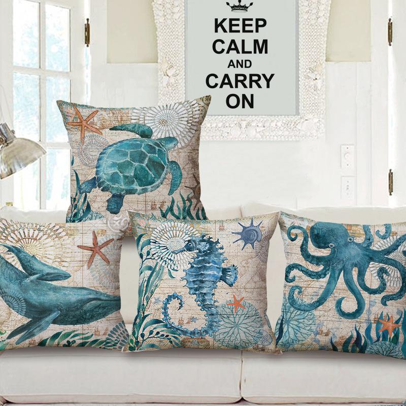 Helenal Unisex European Ocean Animals Whale Sea Horse Turtle Octopus Cushion Covers Decorative Pillow Case