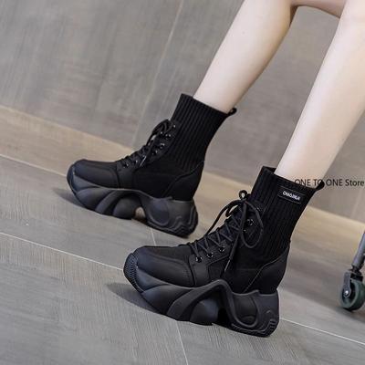 2025 Spring Women Thick Sole Ankle Boots Autumn Casual Boots Women's 7cm High Heels Wedge Boots Shoes Woman Sneakers