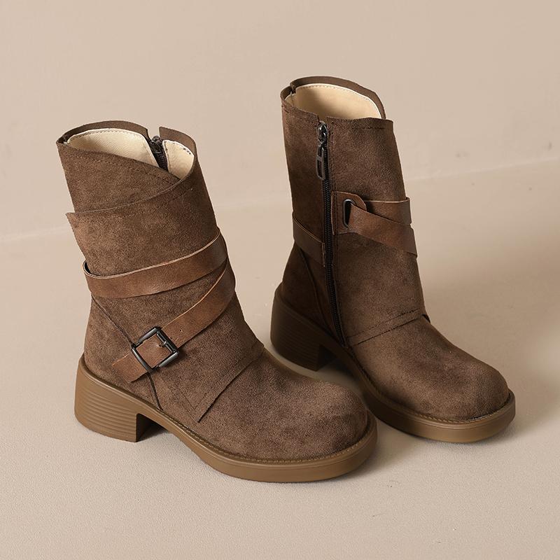 Fashion Western Cowboy Boots Women Fall New Round Toe Metal Belt Buckle Pleated Stack Vintage Block Heel Shortho Boots