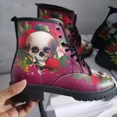 Large Size Women's Boots British PU Women's Shoes Fashion Tooling Boots Large Size Printed Autumn Women's High Top Skull Pattern Martin Boots Women