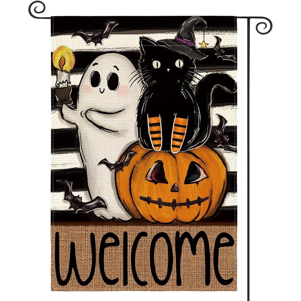 Double-Sided Halloween Garden Flag for Outdoors, Featuring a Ghost, Black Cat, And Jack O'Lantern with Welcome Stripes