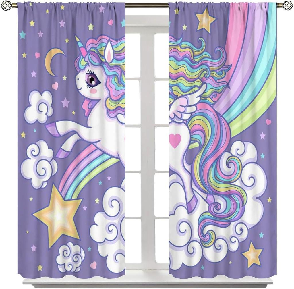 Kids Unicorn Curtains Purple Cartoon Rainbow Room Boys Girls Baby Decor Living Blackout Made Of Polyester Window Treatment