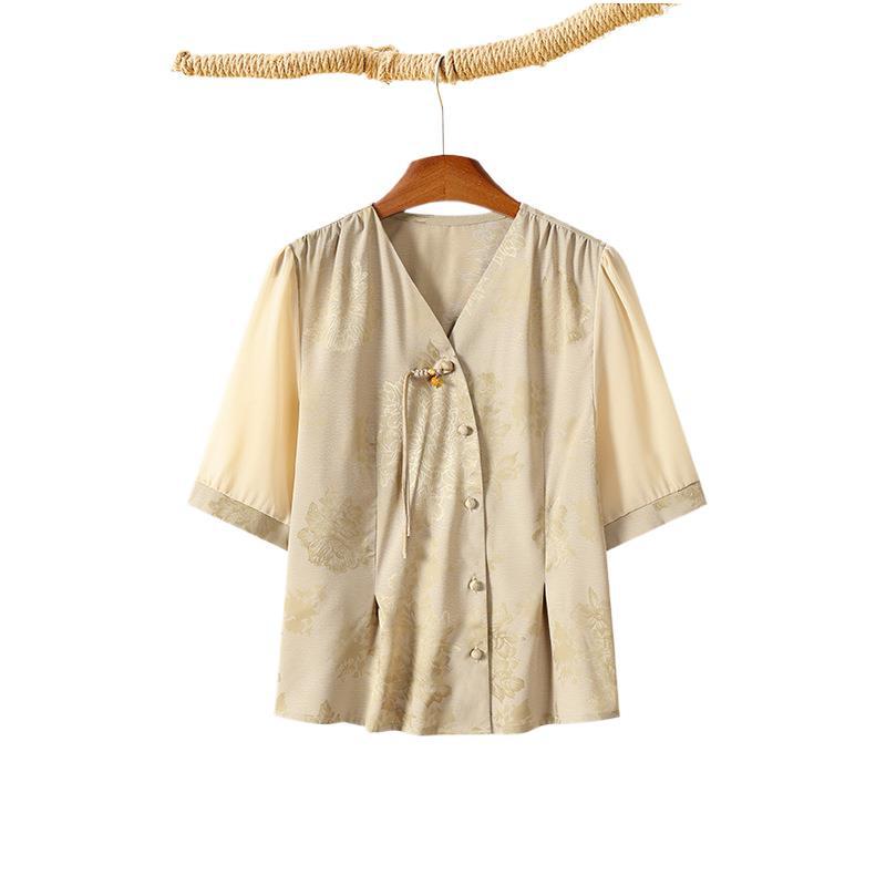 Elegante Top in Seta per Donne Petite di Mezza Età - Stile Cinese, Camicia Estiva a Maniche Corte in Seta di Gelso