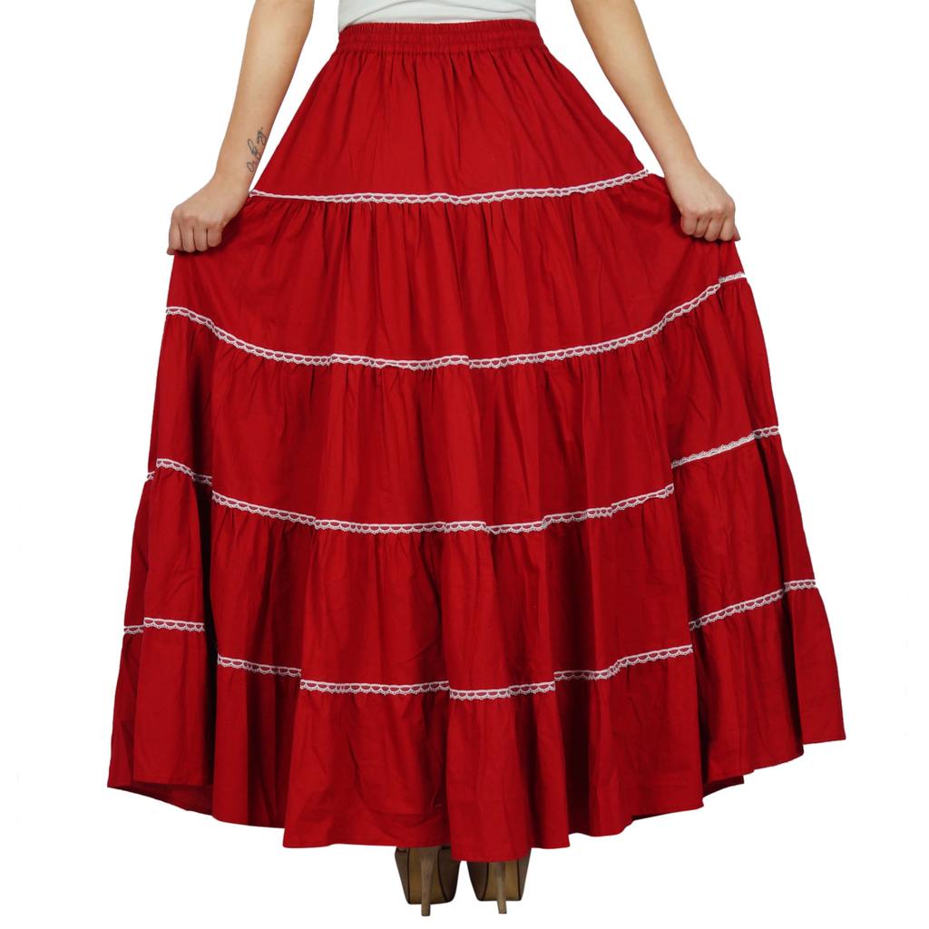 Bimba Damen Langer ausgestellter Baumwollrock Boho Maxi Unterteil Elastische Taille