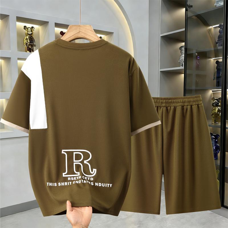 Completo da Uomo Taglie Forti 2 Pezzi, T-shirt a Blocchi di Colore Traspirante e Set di Pantaloncini (6XL-12XL)