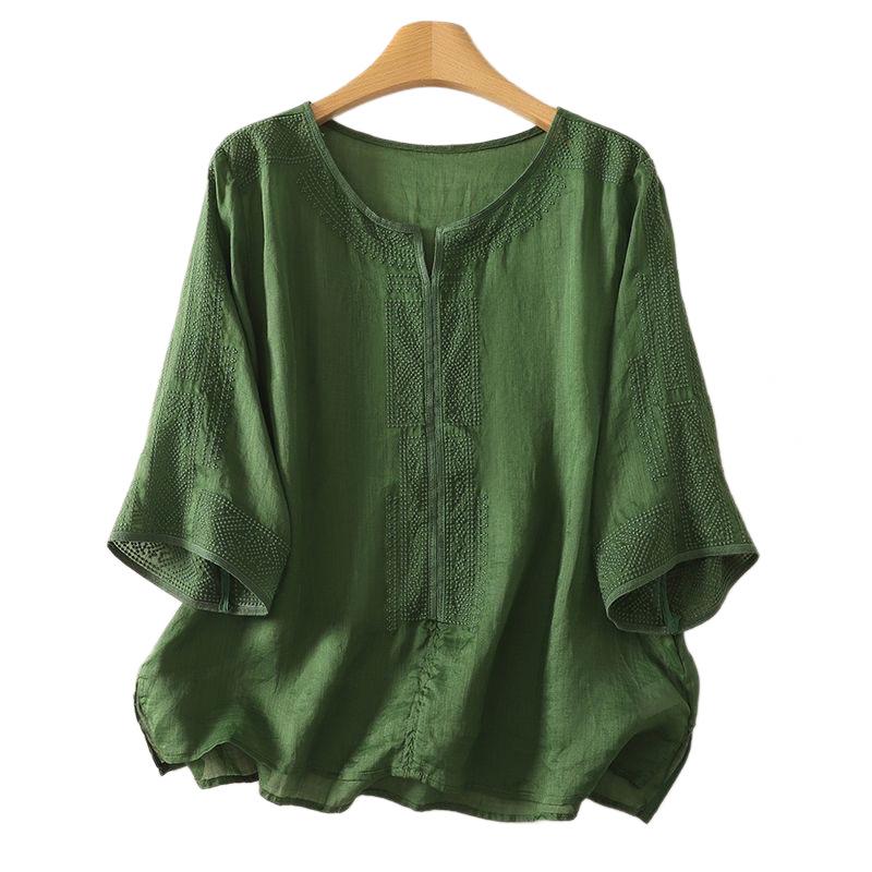 2026 Summer Tencel Linen Mid-Sleeve T-Shirt for Middle-Aged & Elderly Women, Loose Casual Solid Color Top