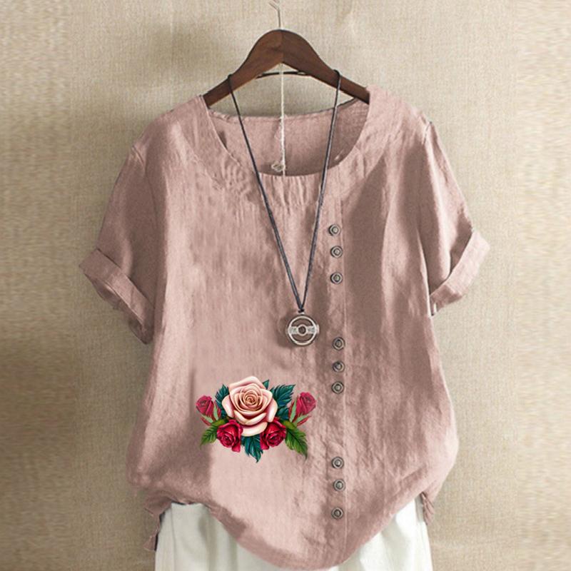 Women's Fashion Flowers Prined Short Sleeve T-shirt Loose Cotton Shirt Casual Loose Summer Blouse Tops Plus Size