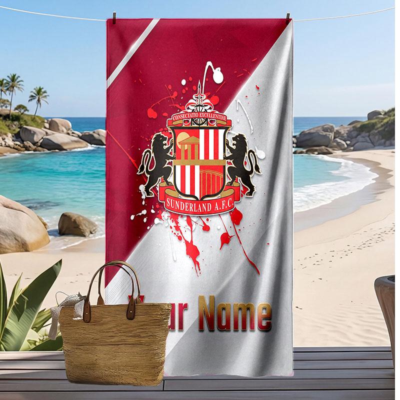 Asciugamano da Spiaggia Personalizzato Stampato Sunderland FC Logo Calcio Supporto Nome Personalizzato Testo Asciugamano Assorbente Per Sport Viaggio Regalo Speciale