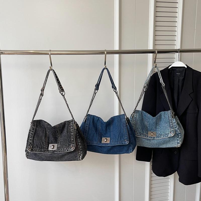 Retro casual denim bag women's 2024 new high-end chain shoulder bag large-capacity commuter tote bag