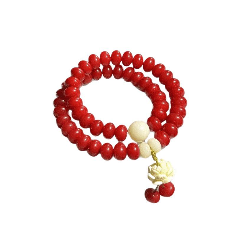 Rose Red Bodhi Root Bracelet - Women's Lotus Design, Double-Loop, National Style Accessory