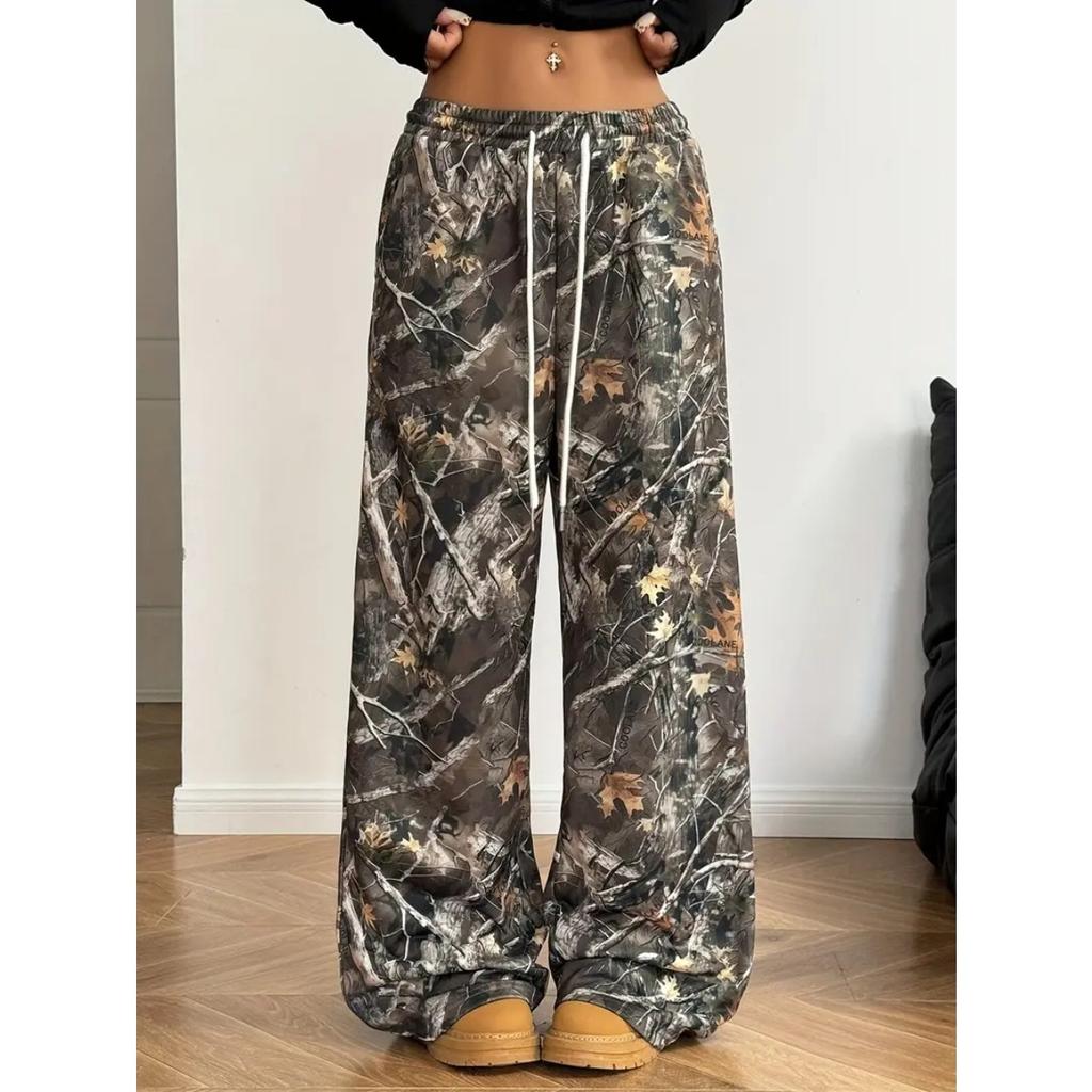 Pantaloni Larghi da Donna a Vita Media con Coulisse, Stampa Graffiti Hip Hop, Pantaloni Casual Larghi con Tasche Laterali