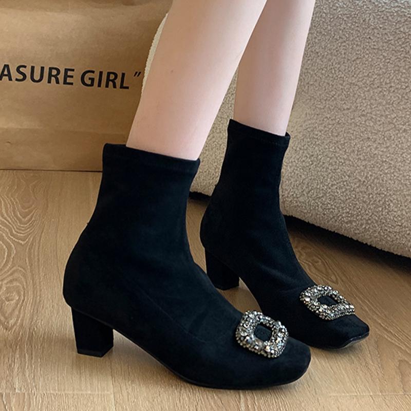 

Замшевые женские ботильоны на толстом каблуке с кристаллами, модные туфли на среднем каблуке, зима 2024, новый тренд, элегантные туфли-лодочки для женщин, короткие зимние туфли Botas Mujer 40 чёрный