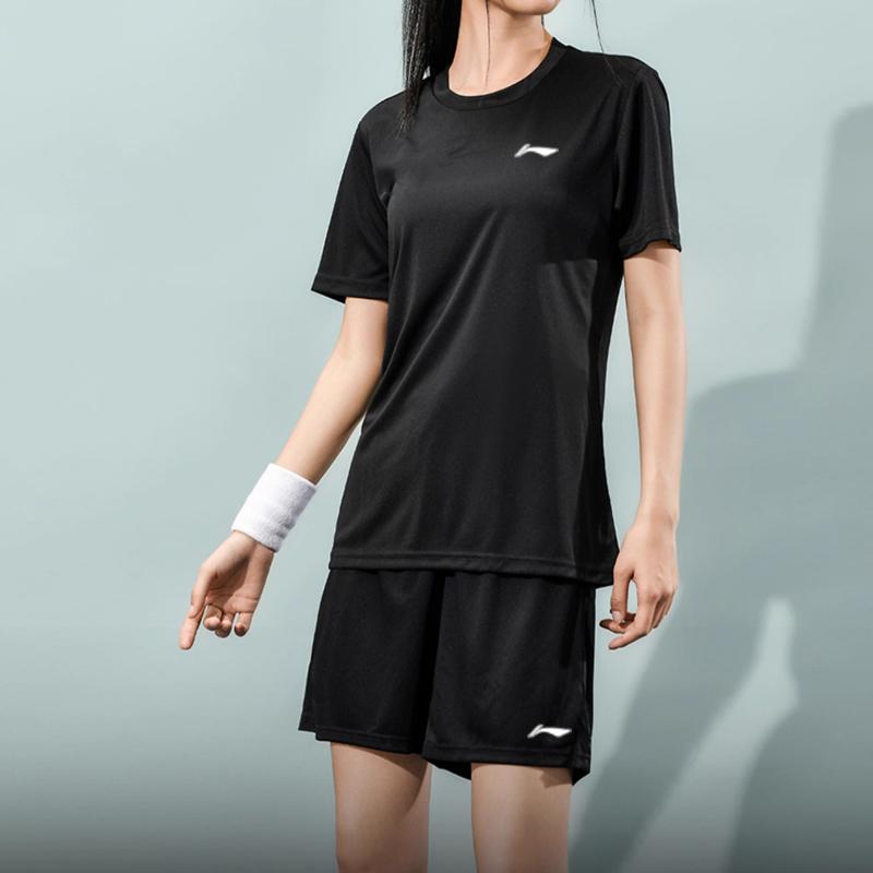Li-Ning Quick-Dry Solid Color Running Training Breathable Round Neck Drop Shoulder Short Sleeve Sports Mid-Waist Elastic Waist Shorts Set AHST575-1-TZ