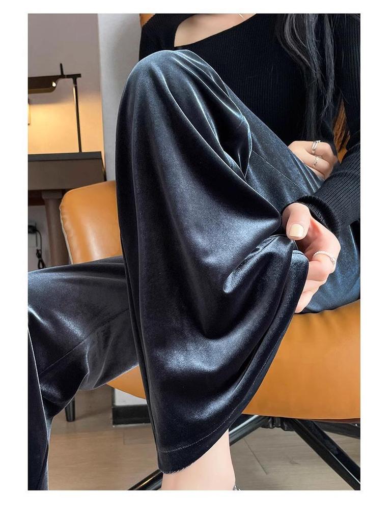 Jesień 2025 Damskie spodnie z mikrorozszerzaną nogawką, wysoki stan, wyszczuplające, plus size, ze złotego aksamitu