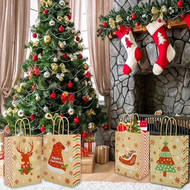 12-96PCS Christmas Treat Bags Printed Pattern with Handles Portable Storage for Holiday Gift Wrapping Birthday Party Favors