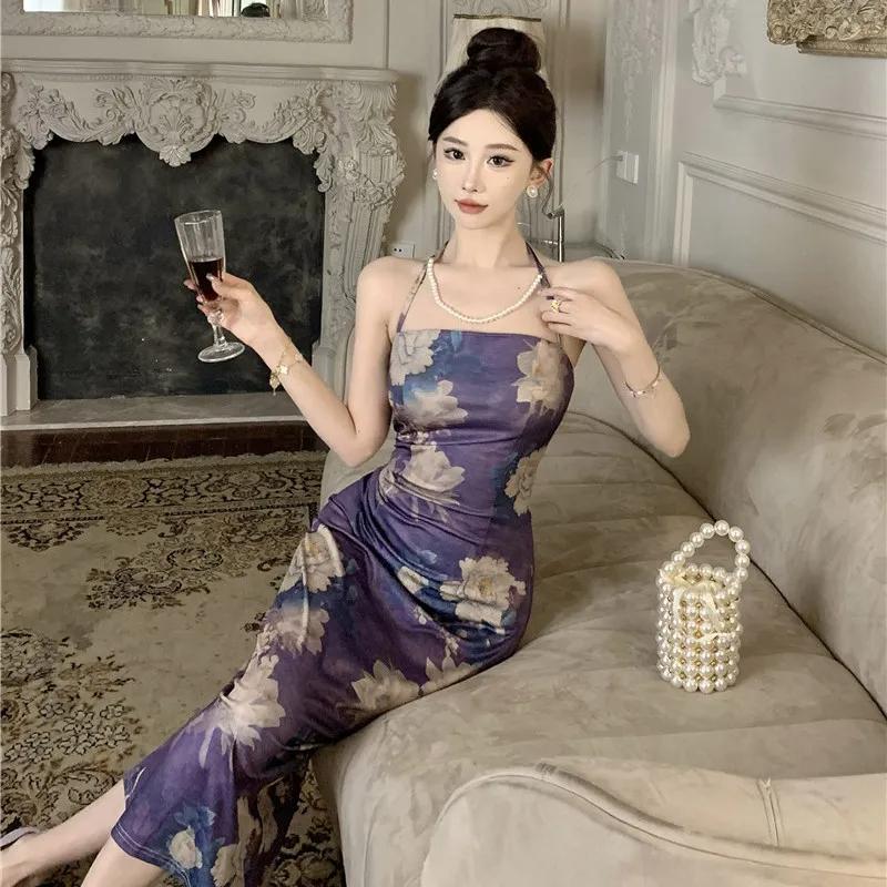 Women s Summer Halter Neck Floral Print Bodycon Maxi Dress Elegant Sleeveless Party Dress S фиолетовый