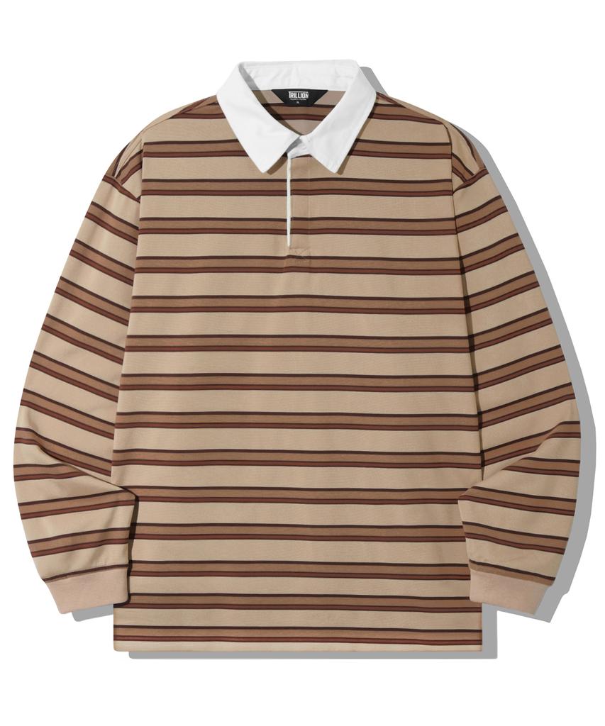 TRILLION Striped Rugby Oversized Pique Polo Shirt [Beige]