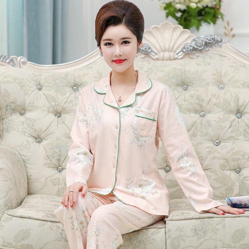 Conjunto de Pijama de Algodão para Mulheres de Meia-Idade - Cardigan de Manga Comprida para Primavera e Outono