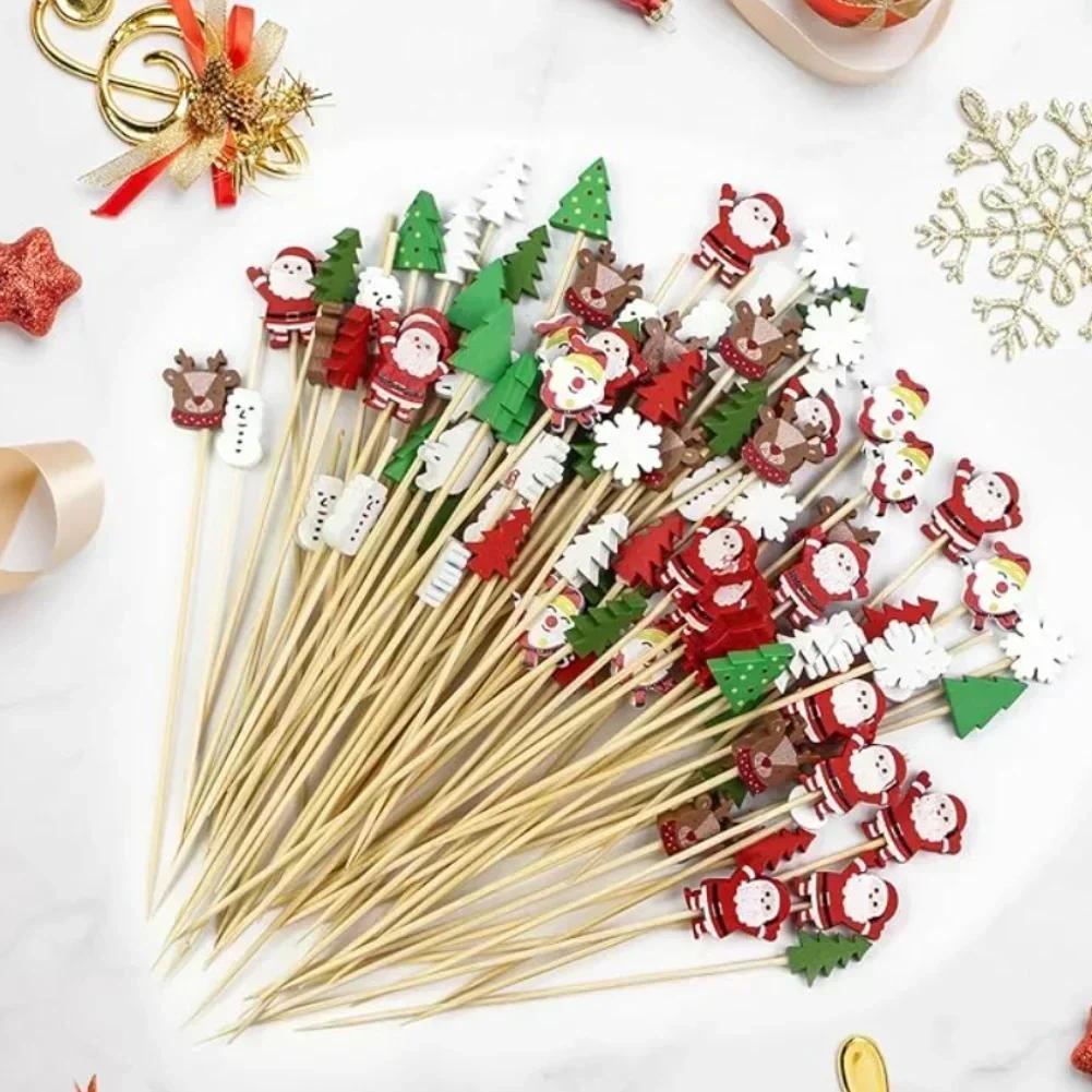 

100PCS Christmas Cocktail Picks with Bambusa Material Featuring Tree Santa Snowman Reindeer and Snowflake Designs for Parties 12cm 100 piecespack
