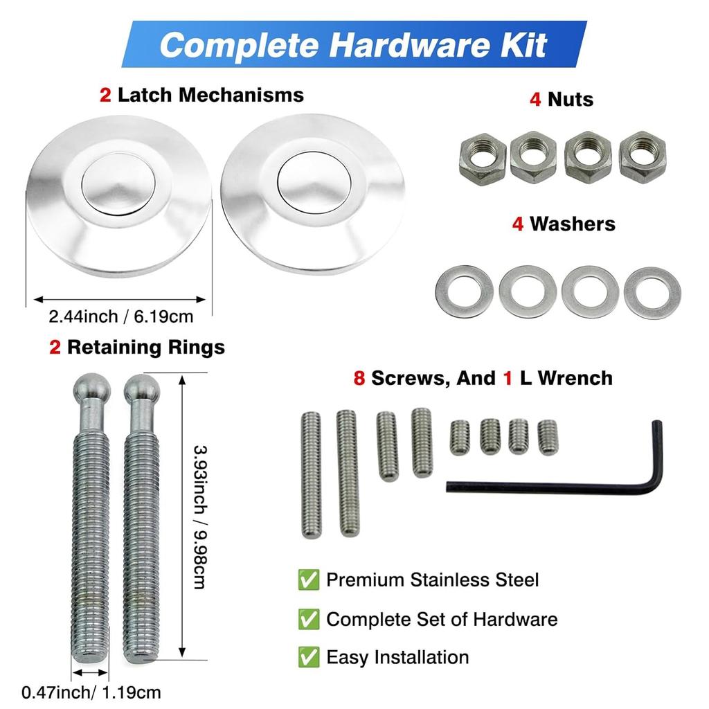 Universelles Schnellverschluss-Haubenstifte-Set, 6,2 cm Durchmesser Druckknopf-Entriegelungsschloss, Aluminium Heavy Duty Haubenverschluss für Auto LKW SUV, 21-teiliges Komplettset