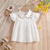 Kids 100% Cotton Fly Ruffle Sleeve Blouse 2-8 Years Floral Embroidery Doll Collar Girls Button Shirt Summer Casual Tops