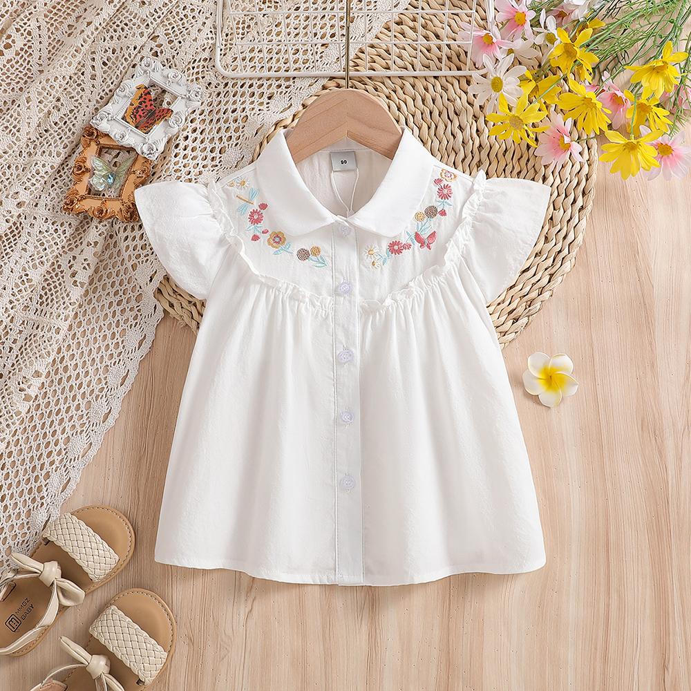 Kids 100% Cotton Fly Ruffle Sleeve Blouse 2-8 Years Floral Embroidery Doll Collar Girls Button Shirt Summer Casual Tops