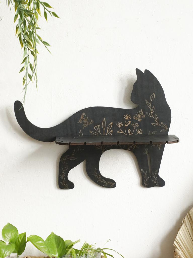 1Pc Black Cat Wall Shelves with Flower Pattern, Floating Wall Shelf, for Placing Crystals, Essential Oils Aromatherapy Stones