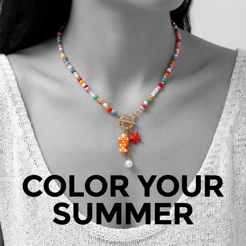 Bohemian Starfish Pendant Necklace For Women Handmade Rice Beads Ceramic Fish with OT Buckle Choker Summer Beach Party Jewelry