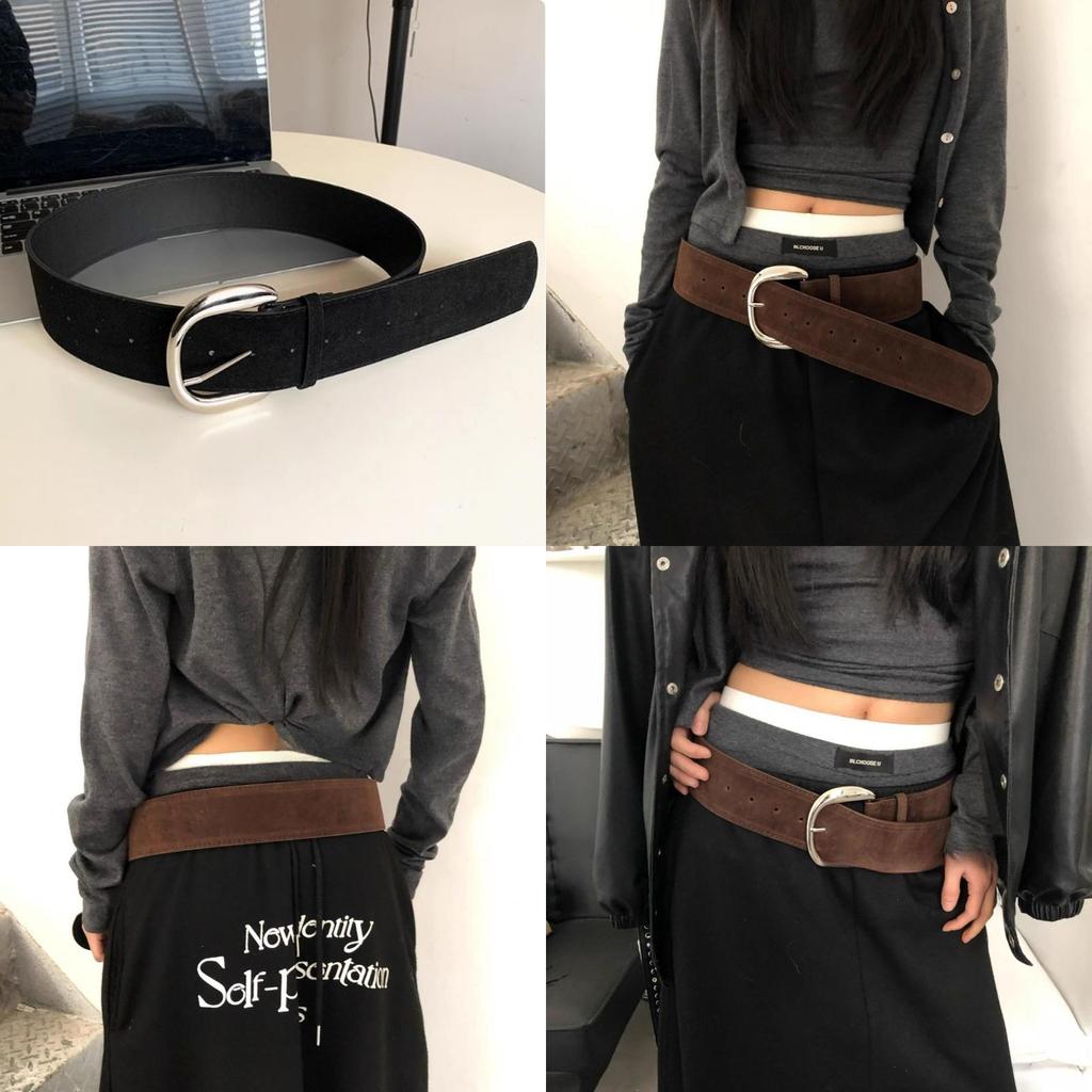 Vintage Y2k Wide Leather Belt With Silver Buckle For Retro Fashion Women